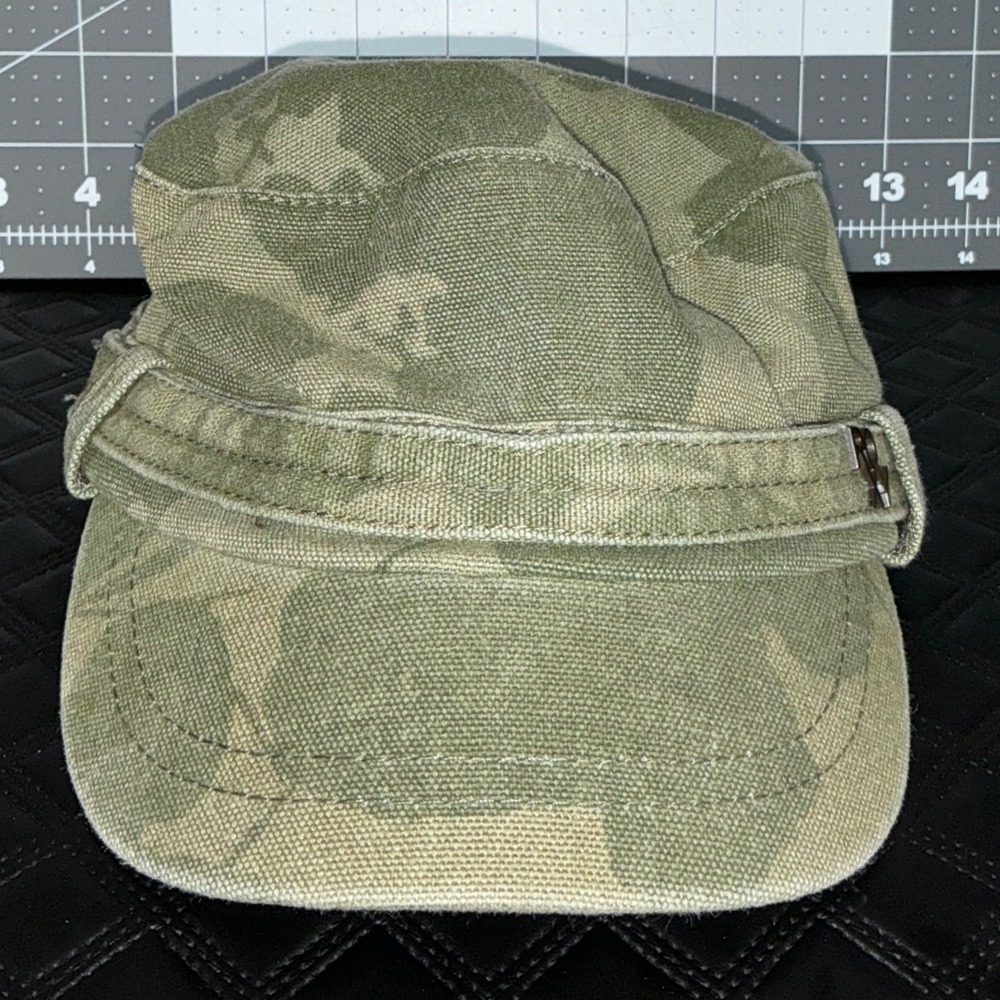 Roxy Green Camo Cadet Hat Military Style Canvas Cap Distressed Y2K Adjustable